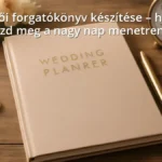 Wedding planner notebook with wedding rings and flowers on a wooden table