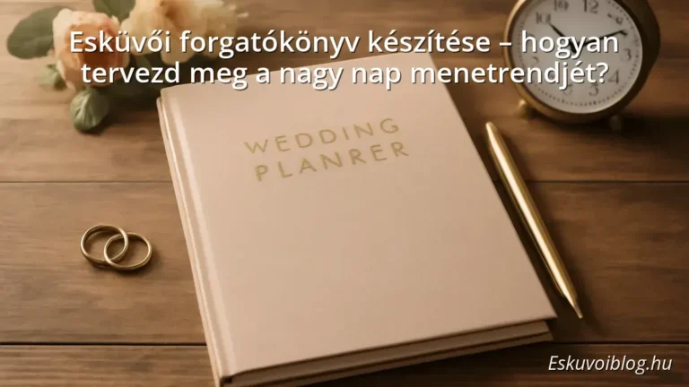 Wedding planner notebook with wedding rings and flowers on a wooden table